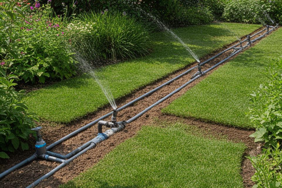 Installation eines automatischen Bewässerungssystems mit Sprinklern und sauber verlegten Leitungen in einer grünen Gartenfläche