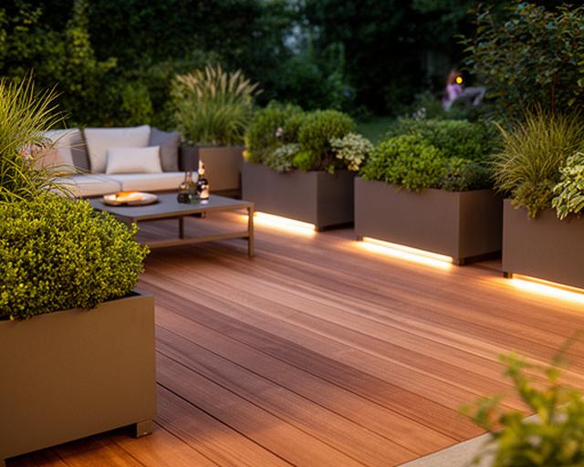 Moderne Holzterrasse in Hietzing mit klaren Kanten, Pflanzkübeln und gemütlicher Sitzzone