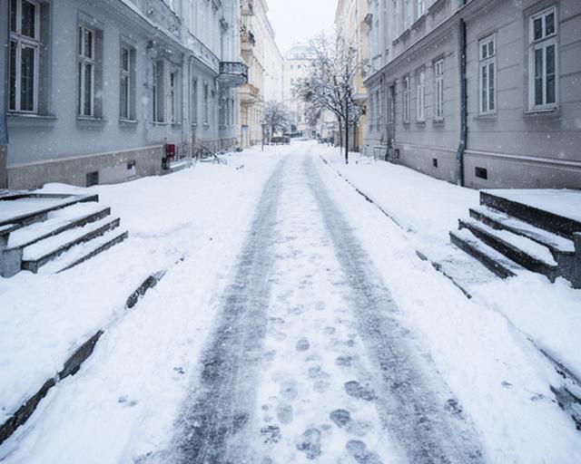 Verschneiter Gehweg vor einem Wohnobjekt in Wien vor dem Einsatz des Winterdienstes