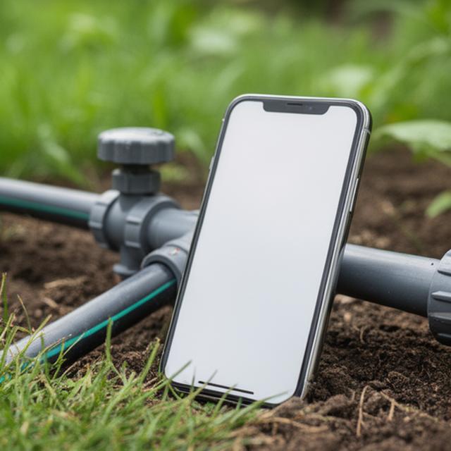 Smartphone steuert eine Bewässerungsanlage mit übersichtlicher App-Oberfläche neben einer Gartenleitung