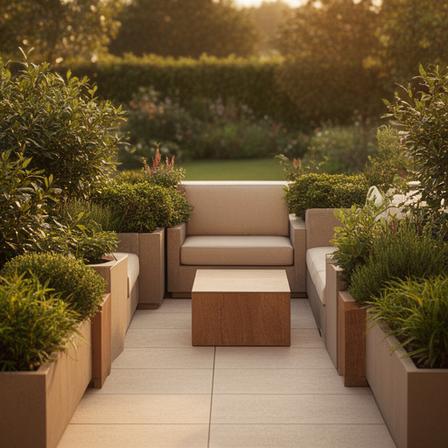 Terrassenbereich mit klaren Pflanzkübeln, warmen Materialien und gepflegtem Sitzplatz