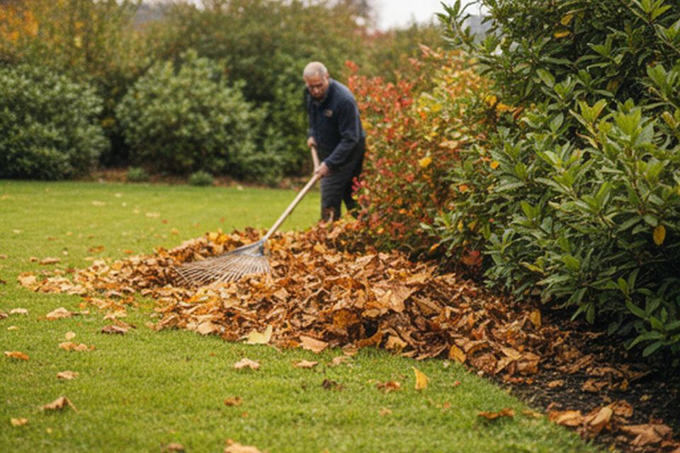 Gärtner entfernt Herbstlaub von einer Rasenfläche neben einem gesunden Strauchbestand