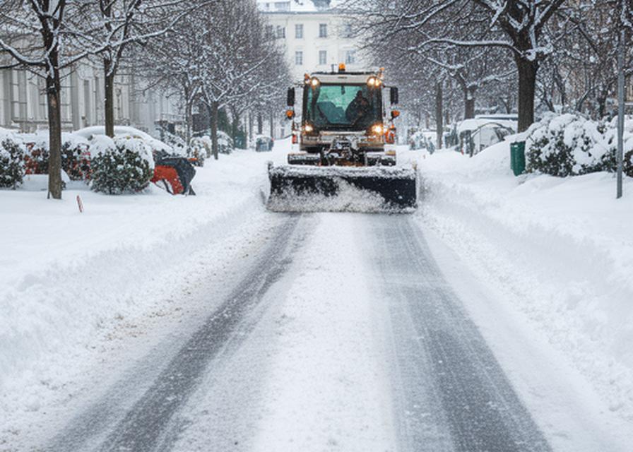 Winterdienstteam räumt eine verschneite Zufahrt in Wien mit Streumaterial und sauberer Absicherung der Gehwege
