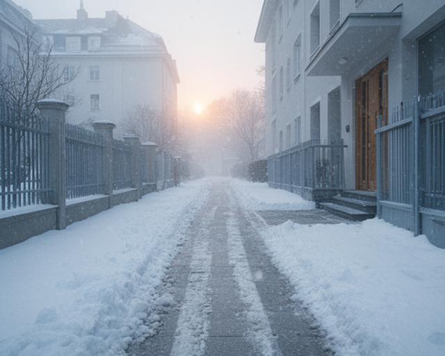 Winterdienst im Wohngebiet mit geräumtem Gehweg, Streugut und aufgehender Morgendämmerung
