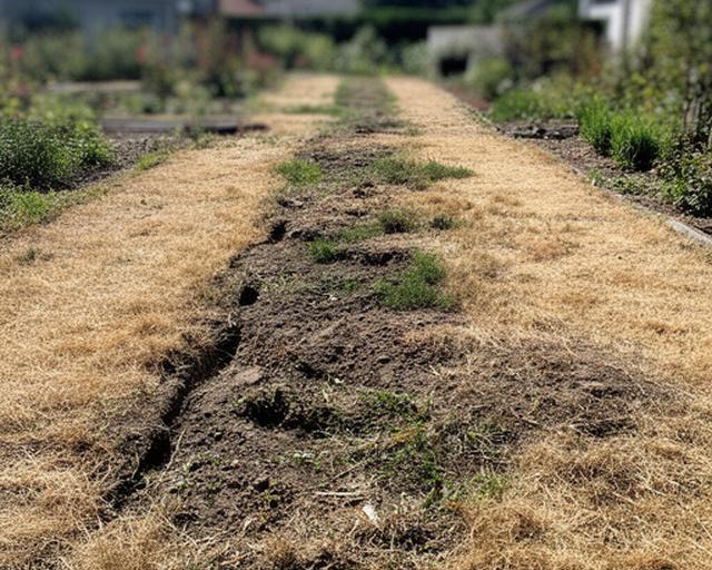 Langer Gartenstreifen in Donaustadt vor der Installation mit trockenen Rasenflächen und offenen Erdschlitzen